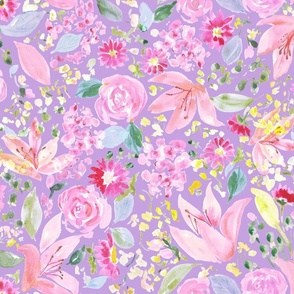 Pastel Purple Garden Flowers Fabric,  Watercolor, Large Size