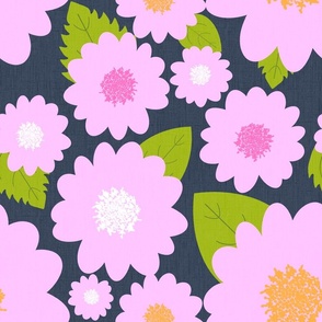 Modern Pink Summer Flowers On Navy Repeat Pattern
