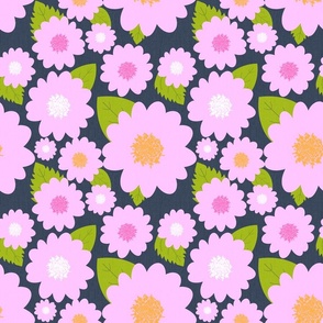 Pink Summer Flowers On Navy Modern Repeat Pattern
