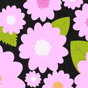 Pink Summer Flowers On Black Modern Repeat Pattern