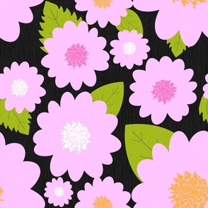 Modern Pink Summer Flowers On Black Repeat Pattern