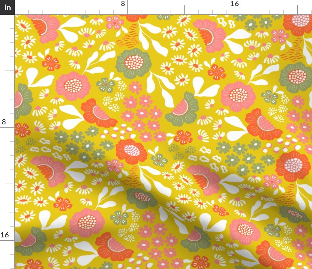 70s Floral With Mustard Background