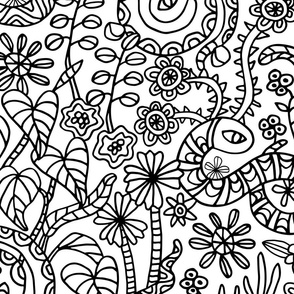 Coloring Book Garden Snakes Doodle Floral Botanical Line Drawing in Black and White - LARGE Scale - UnBlink Studio by Jackie Tahara