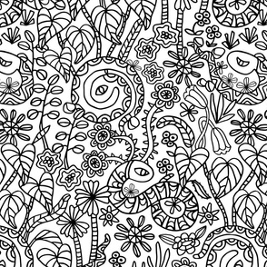 Coloring Book Garden Snakes Doodle Floral Botanical Line Drawing in Black and White - MEDIUM Scale - UnBlink Studio by Jackie Tahara