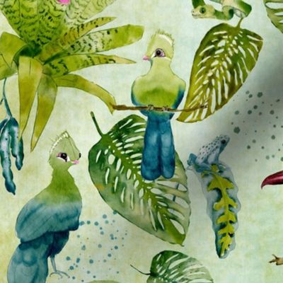Joyful  Bird Jungle in Chartreuse (medium large scale)