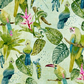 Joyful Bird Jungle in Chartreuse (large scale)
