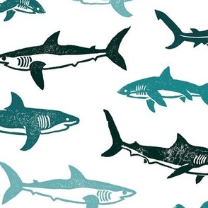 Sharks Block Print Ocean Turquoise Teal by Angel Gerardo - Large Scale
