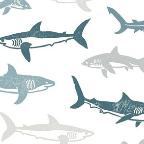 Sharks Block Print Coastal Blue Gray Grey by Angel Gerardo - Large Scale