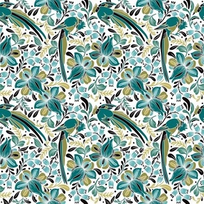 Magpies and Flowers - Asian inspired design in vibrant blue, green and black