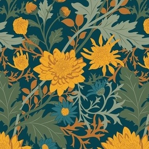 Small Enchanted Chrysanthemum Garden with Dark Teal Blue Background