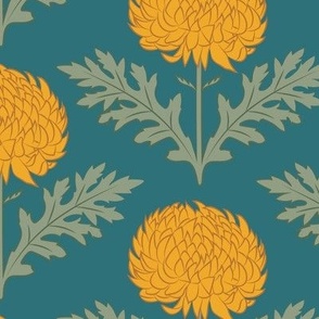 Large Bola De Oro Yellow Chrysanthemum Flowers with Teal Blue Background