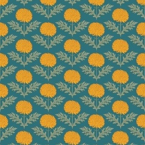 Small Bola De Oro Yellow Chrysanthemum Flowers with Teal Blue Background