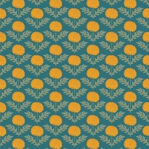 Mini Bola De Oro Yellow Chrysanthemum Flowers with Teal Blue Background