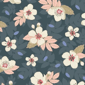 Apple blossoms cream on navy, large size