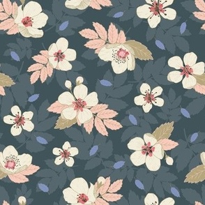 Apple blossoms cream on navy, small size