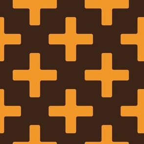 Deep dark chocolate and warm zesty orange graphic plus crosses, minimalist coordinate, large scale for home decor, bold grasscloth wallpaper, cute cotton sheet sets, vibrant cotton duvet cover and kids apparel.