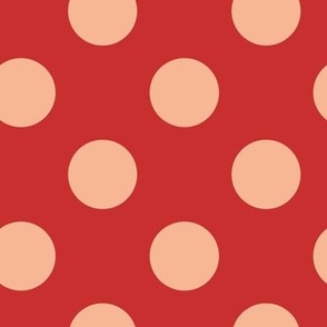 Strawberry red and soft apricot blush classic polka dots, large scale for home decor, cotton duvet covers, minimalist curtains, kids apparel, pet accessories