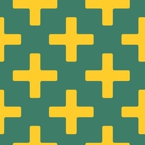 Citrus yellow and emerald green graphic plus crosses, minimalist coordinate, large scale for home decor, bold grasscloth wallpaper, cute cotton sheet sets, vibrant cotton duvet cover and kids apparel.