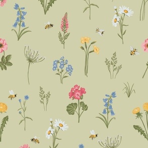 Sweet wildflowers, hand painted botanicals on green
