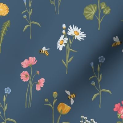 Sweet wildflowers, hand painted botanicals on navy blue