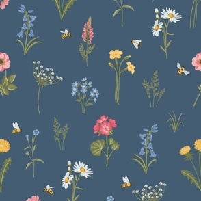 Sweet wildflowers, hand painted botanicals on navy blue