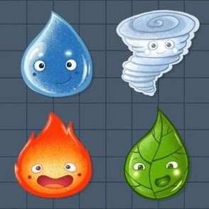 The elements. Cute drop of water, a leaf, a flame and a hurricane with smiling emoji style faces.