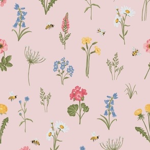 Sweet wildflowers, hand painted botanicals on pink