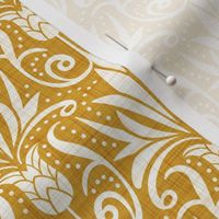 Delancy Cornflower Floral Damask - Goldenrod Yellow Faux Linen White Regular Scale