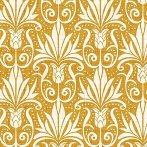 Delancy Cornflower Floral Damask - Goldenrod Yellow Faux Linen White Regular Scale