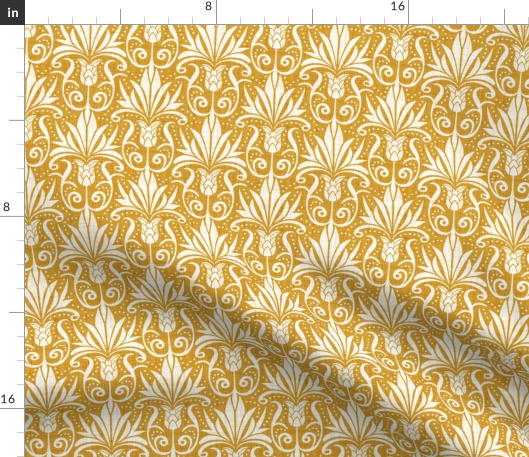 Delancy Cornflower Floral Damask - Goldenrod Yellow Faux Linen White Regular Scale