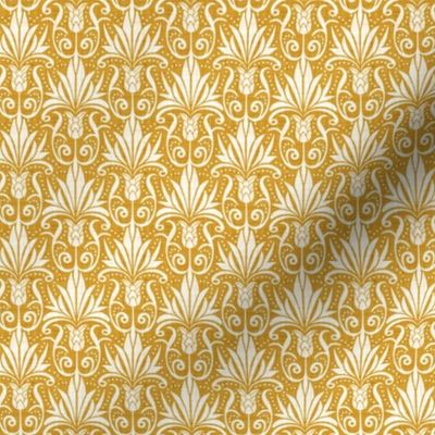 Delancy Cornflower Floral Damask - Goldenrod Yellow Faux Linen White Small Scale