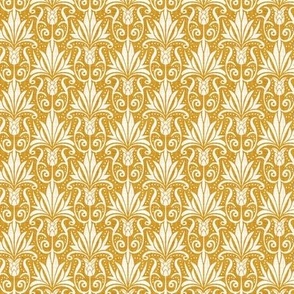 Delancy Cornflower Floral Damask - Goldenrod Yellow Faux Linen White Small Scale