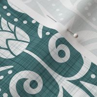 Delancy Cornflower Floral Damask - Teal Faux Linen White Large Scale