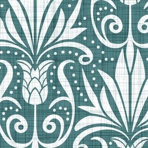 Delancy Cornflower Floral Damask - Teal Faux Linen White Large Scale