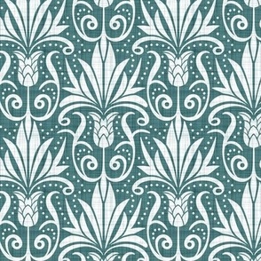 Delancy Cornflower Floral Damask - Teal Faux Linen White Regular Scale