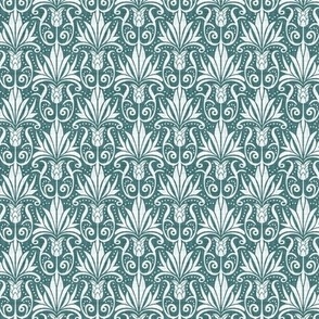 Delancy Cornflower Floral Damask - Teal Faux Linen White Small Scale