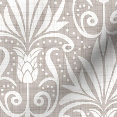 Delancy Cornflower Floral Damask - Taupe Faux Linen White Large Scale