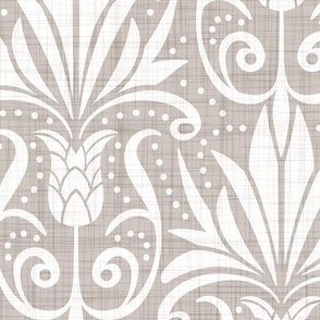 Delancy Cornflower Floral Damask - Taupe Faux Linen White Large Scale