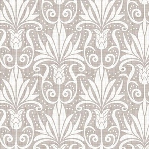 Delancy Cornflower Floral Damask - Taupe Faux Linen White Regular Scale