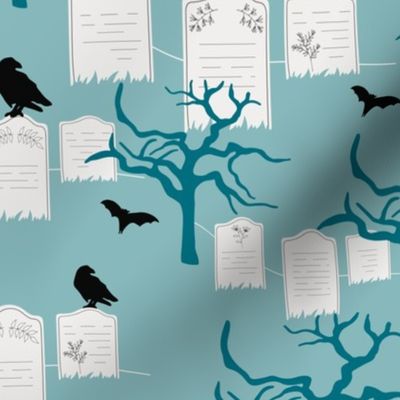 Medium // Spooky Graveyard Haunts: Halloween Gravestones, Trees, Black Bats, Crows - Light Blue