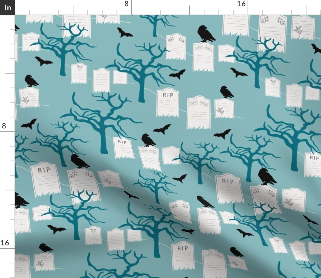 Medium // Spooky Graveyard Haunts: Halloween Gravestones, Trees, Black Bats, Crows - Light Blue