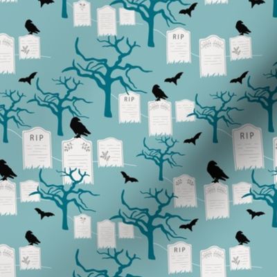 Small // Spooky Graveyard Haunts: Halloween Gravestones, Trees, Black Bats, Crows - Light Blue