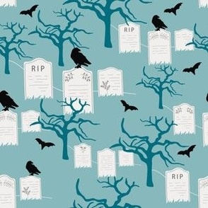 Small // Spooky Graveyard Haunts: Halloween Gravestones, Trees, Black Bats, Crows - Light Blue