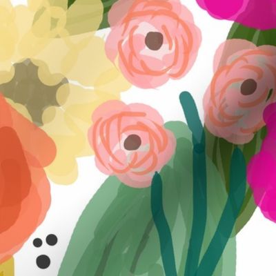 Floral Print - Large  Bright Pink and Orange Flowers - White Background - "Jubilant Garden"