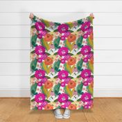 Floral Print - Large  Bright Pink and Orange Flowers - White Background - "Jubilant Garden"
