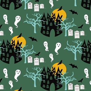 Large // Spooky Manor: Halloween Haunted House, Gravestones, Full Moon, Bats, Trees, Ghosts - Dark Green