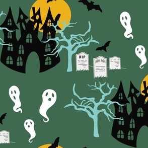 Medium // Spooky Manor: Halloween Haunted House, Gravestones, Full Moon, Bats, Trees, Ghosts - Dark Green