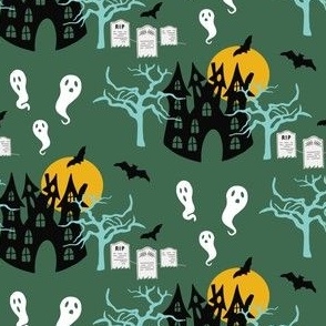 Small // Spooky Manor: Halloween Haunted House, Gravestones, Full Moon, Bats, Trees, Ghosts - Dark Green