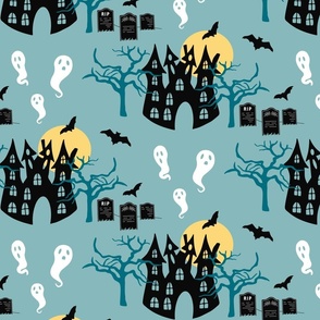 Large // Spooky Manor: Halloween Haunted House, Gravestones, Full Moon, Bats, Trees, Ghosts - Light Blue