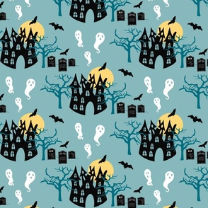 Medium // Spooky Manor: Halloween Haunted House, Gravestones, Full Moon, Bats, Trees, Ghosts - Light Blue